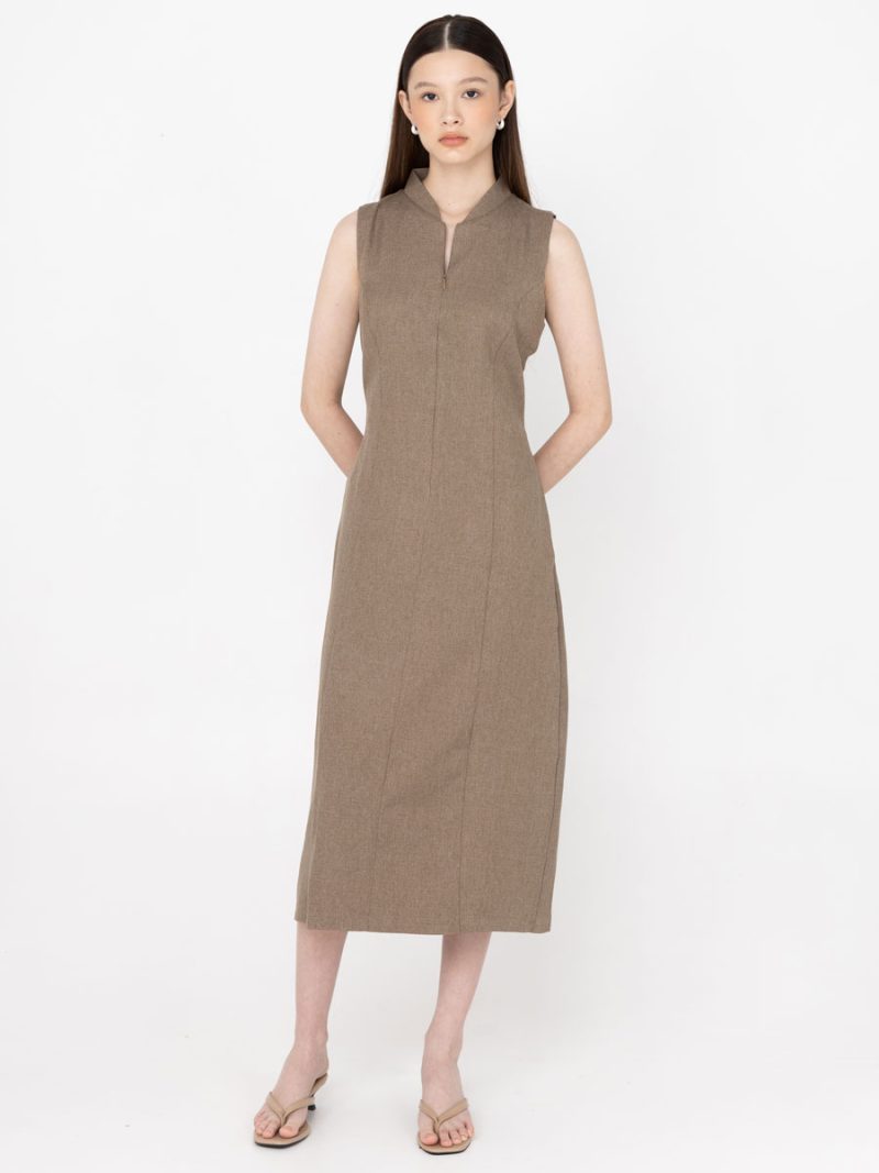 Momentum Front-Zip Midi Dress Ash Brown