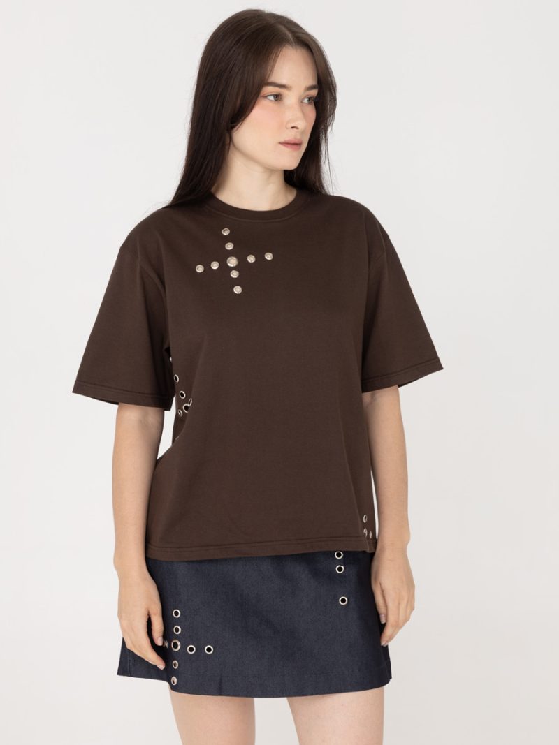 Geila Eyelet T-Shirt Brown